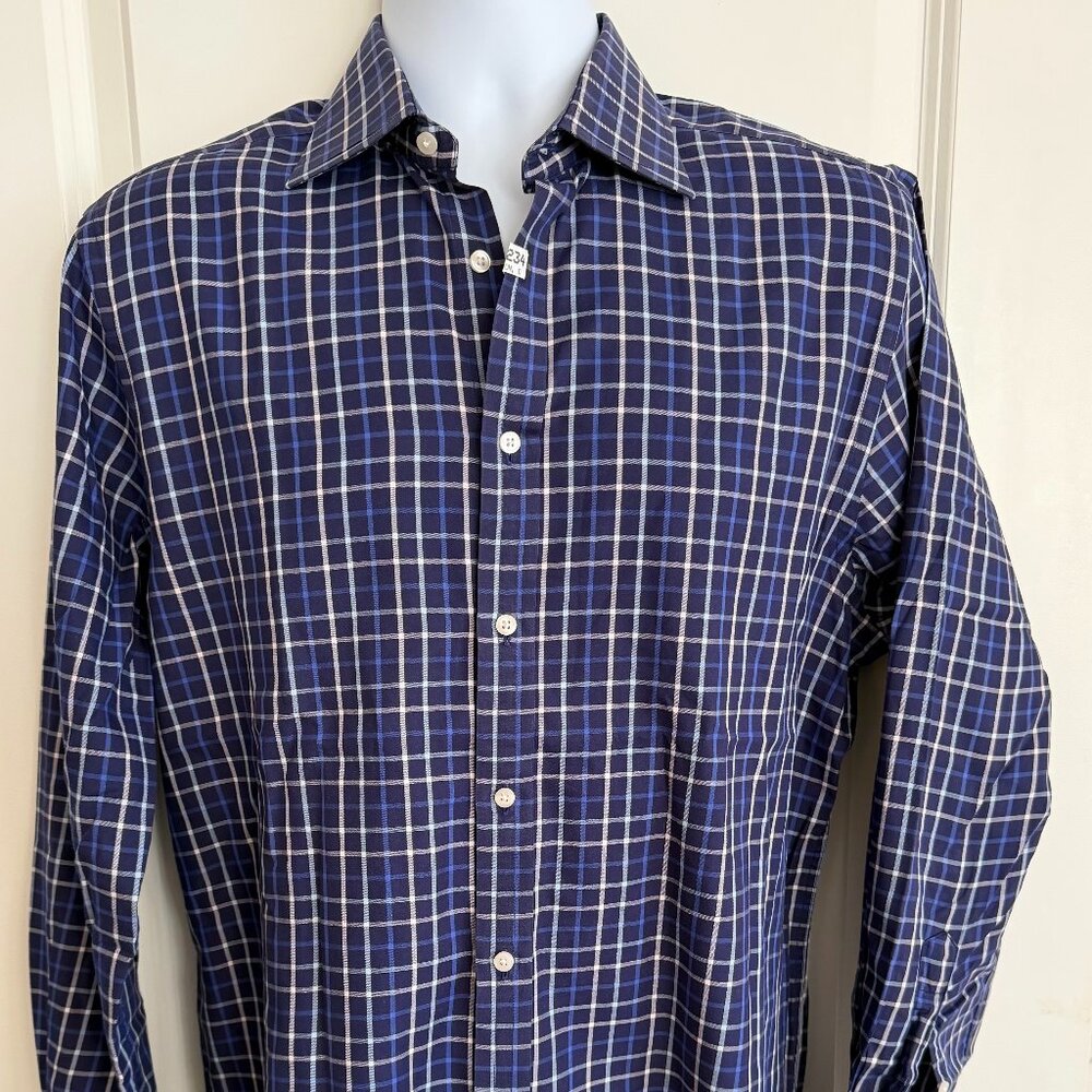 Thomas Pink Men's Blue, White Plaid Cotton Dress Shirt, 15.5 neck 34 sleeve